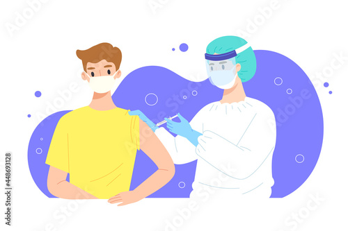 Young man get injected COVID-19 vaccine by doctor in protective suit. Concept of coronavirus vaccination, getting first shot, herd immunity, immunization against virus. Flat vector illustration.