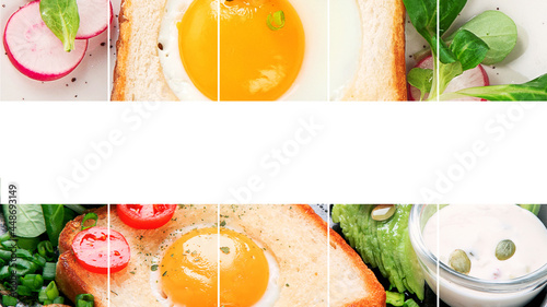 Collage of different cooked fried eggs on bread with vegetables. Delicious and healthy breakfast.