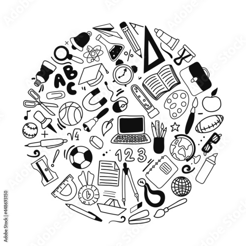 Set with school hand drawn doodle items in graphic style. Design elements. Supplies for studying in circle shape. Black and white vector illustration