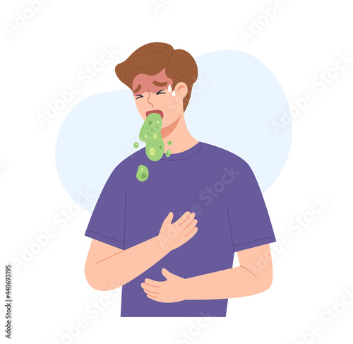 Young man is vomiting and suffering from nausea, food poisoning or sickness symptom. Concept of illness, digestive problem, health care, medicine, side effect of drug or alcohol liquor. Flat vector.