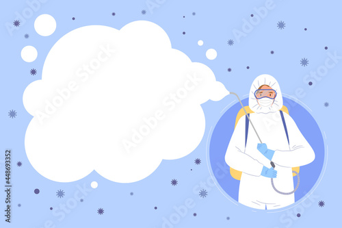 Physician in PPE suite spraying disinfectant solution. Smoke shape blank space banner sign. Concept of COVID-19 prevention, sanitizing public space, cleaning, medicine. Flat vector illustration.
