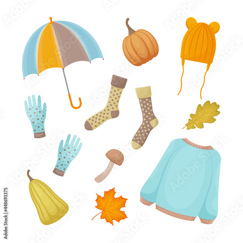 Bright autumn seamless pattern with the image of autumn symbols, such as a warm sweater, socks, gloves,hat, umbrella, ripe mushroom and pumpkin, as well as umbrellas and fallen leaves. Vector