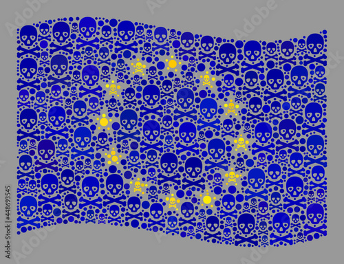 Mosaic waving Europe flag designed with death items. Pirate vector waving mosaic Europe flag designed for hazard applications. Designed for political or patriotic agitprop.