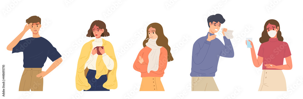 Set of people with sick symptoms ; feeling unwell, having cold, seasonal flu, high temperature, running nose, coughing, headache and taking medicine. Different character. Flat vector illustration. Set of people with sick symptoms ; feeling unwell, having cold, seasonal flu, high temperature, running nose, coughing, headache and taking medicine. Different character. Flat vector illustration.