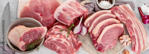 Bild auf Leinwand Assortment of raw pork meat on light grey background