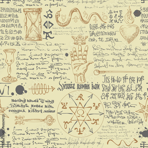 vector image of a seamless texture in the form of an alchemical formula with encrypted symbols in the style of medieval old manuscripts graphic