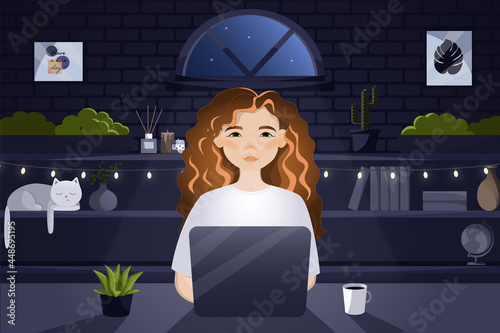 girl working at home, evening rest at the computer, home comfort, vector girl