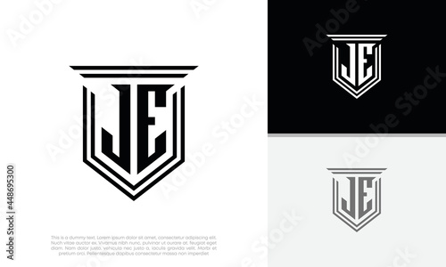 Initials JE logo design. Luxury shield letter logo design.