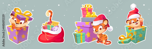 Set of stickers New Year tiger in Santa hat, 2022