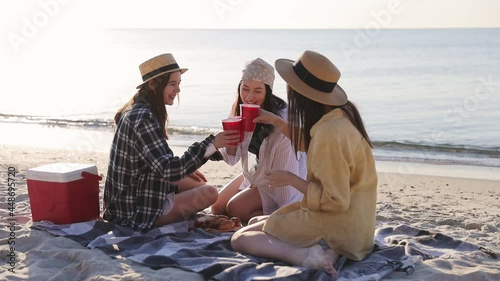 Three friends young women in straw hat summer clothes have picnic hanging out drink liguor having fun raise toasts isolated on sea beach background outdoors. People vacation lifestyle journey concept photo