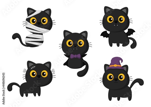 black cat in halloween costumes set isolated on white background. vector illustration.