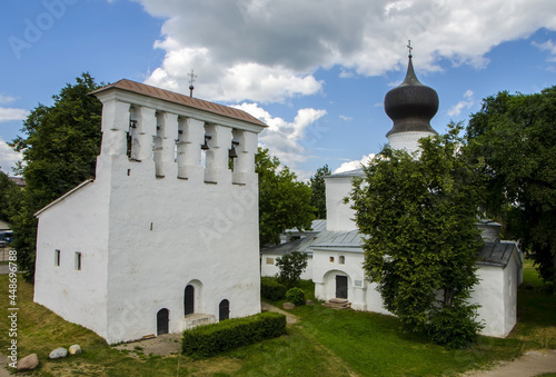 Bell tower at the Church of the Assumption from Paromenya, Pskov, Russia