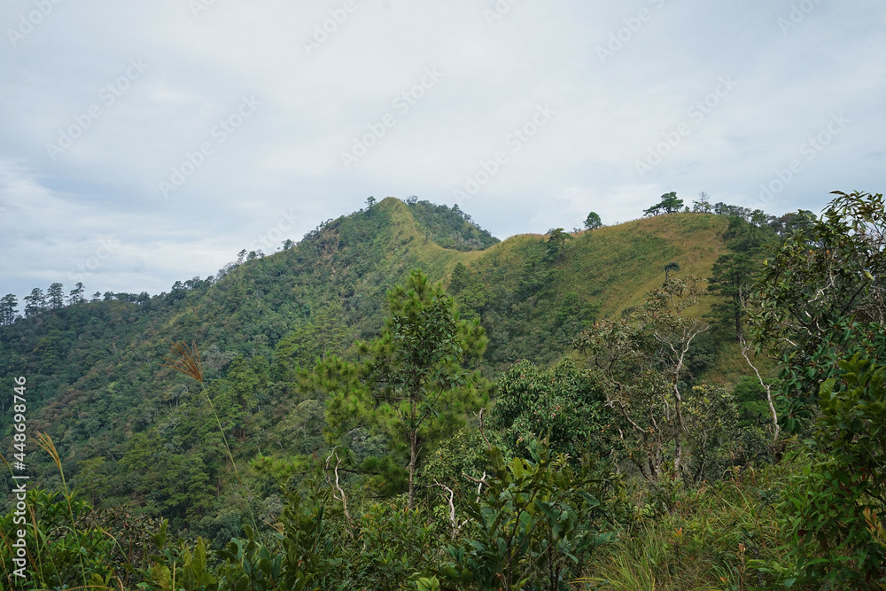 Natural landscape of green mountain range with cloudy blue sky Natural landscape of green mountain range with cloudy blue sky