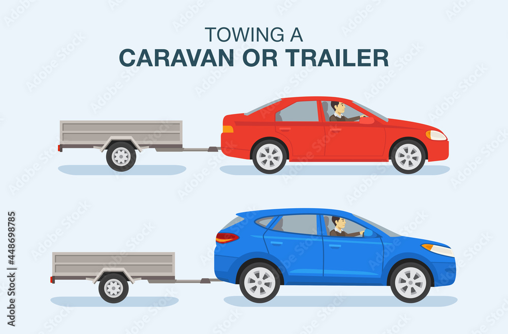 Driving a car. Towing a caravan or trailer. Side view of a red sedan and blue suv car on a city road. Flat vector illustration template.