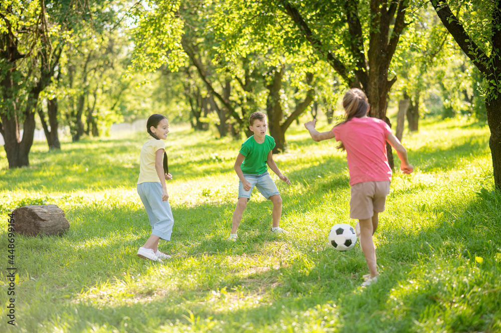 Junior children playing soccer on lawn