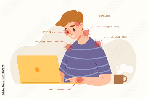 Young man sitting and using laptop with office syndrome. Muscle pain point diagram. Unhealthy lifestyle and posture. Head, eyes, neck, shoulder and wrist pain. Flat vector illustration.