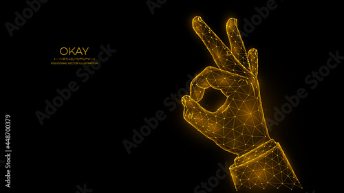 Okay hand gesture low poly art, polygonal vector illustration ok sign or ring gesture on a black background. Approval, agreement, well or ok.
