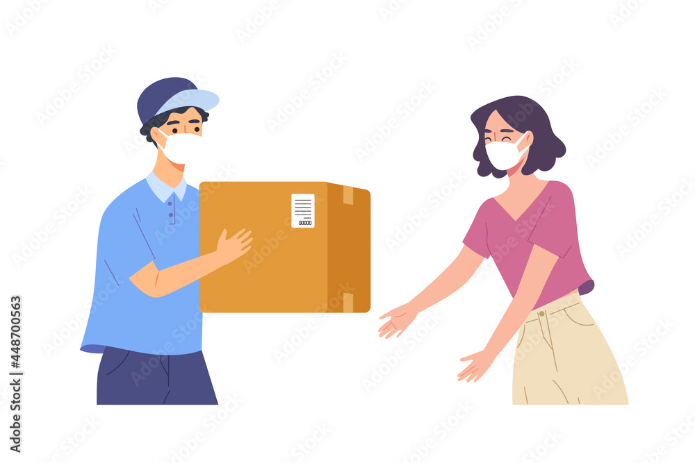 Courier and customer wearing face mask while deliver parcel package box. Concept of delivery during COVID-19 virus epidemic, self-protection, prevention. Flat vector illustration character. Courier and customer wearing face mask while deliver parcel package box. Concept of delivery during COVID-19 virus epidemic, self-protection, prevention. Flat vector illustration character.