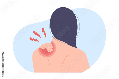 Back view of woman with upper back and shoulder pain or injury. Concept of health care, physical injury, medicine, lifestyle, sore muscles, myositis. Flat vector illustration character. photo