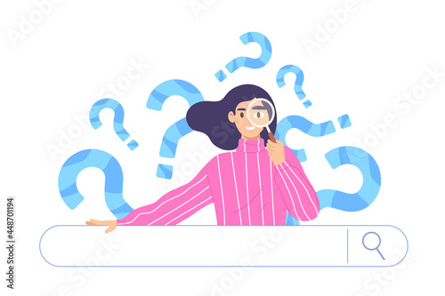 Young woman looking through magnifying glass with blue question marks and search bar. Concept of business metaphor for search or research, development, web surfing. Flat vector illustration character.