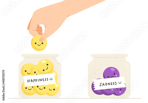 Emotion collector. Hand holding yellow smiling emoticon put into a "Happiness" jar with "Sadness" jar. Concept of metal health, emotion, feeling, attitude. Flat vector illustration.