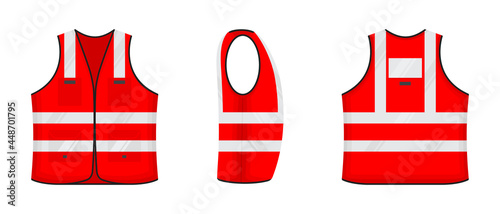 Safety reflective vest icon sign flat style design vector illustration set. Red fluorescent security safety work jacket with reflective stripes. Front, side and back view road uniform vest.