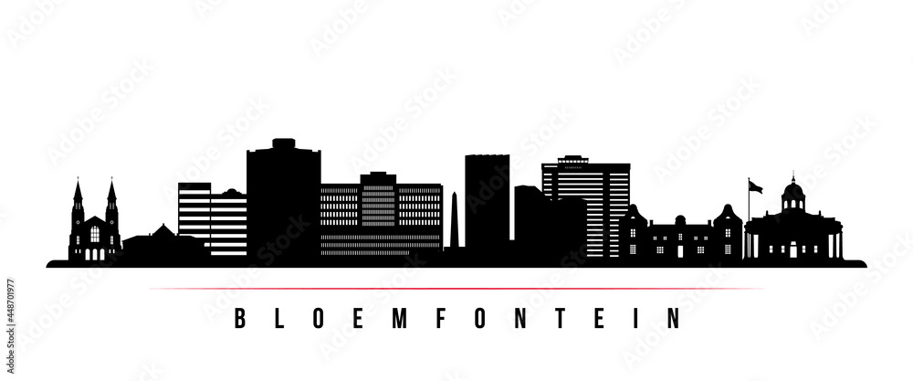 Bloemfontein skyline horizontal banner. Black and white silhouette of Bloemfontein, South Africa. Vector template for your design.
