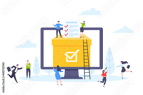 Online voting concept flat style design vector illustration. Tiny people with voting poll online survey working together. Concept of electronic voting modern system political competition and election.