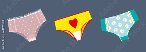 Trendy female underwear, lingerie set. Transparent pink panties, yellow ones with a heart, panties with a floral print. Flat cartoon colorful vector illustrations isolated on a blue background.