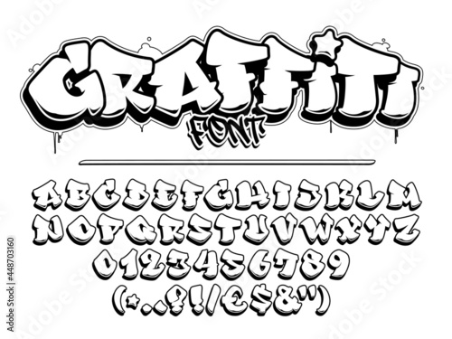 Graffiti vector font. Capital letters, numbers and glyphs alphabet.