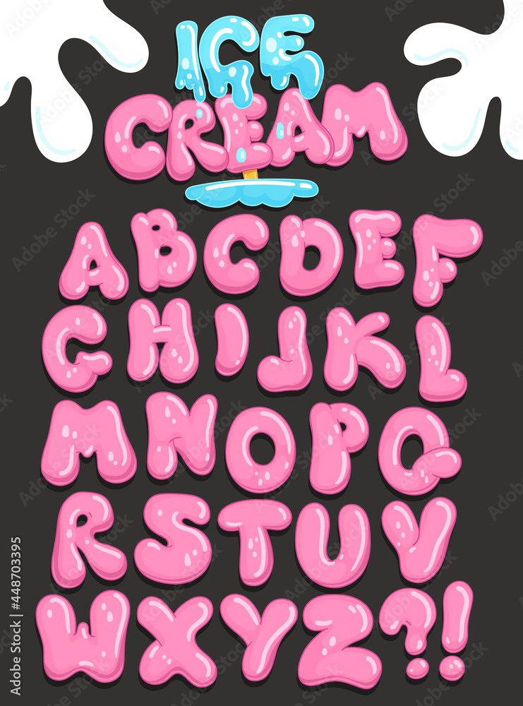 Ice cream pink bubble font. Vector cartoon decorative alphabet for kids