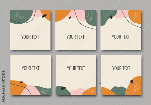 Social media feed editable template in pastel colors combination. Abstract puzzle minimalist style for business account or personal account with floral elements. Vector layouts pack