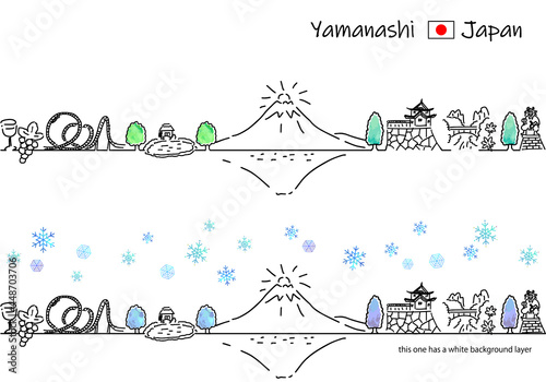 冬の山梨県の観光地の街並みシンプル線画セット