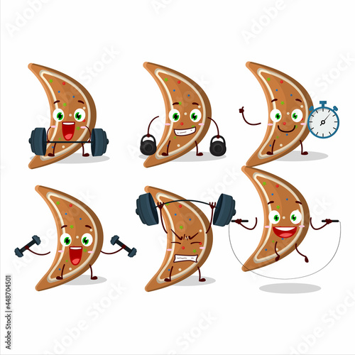 A healthy gingerbread moon cartoon style trying some tools on Fitness center