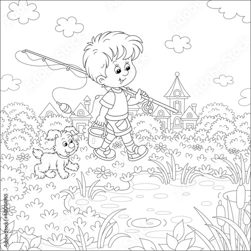 Cheerful little boy fisherman going angling with his fishing rod and a bucket, together with a merry small pup, in countryside on summer vacation, black and white vector cartoon