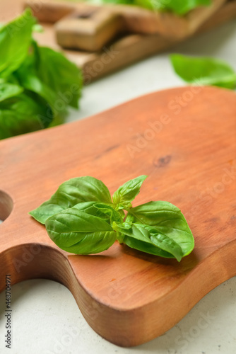 Board with fresh basil on light background, closeup