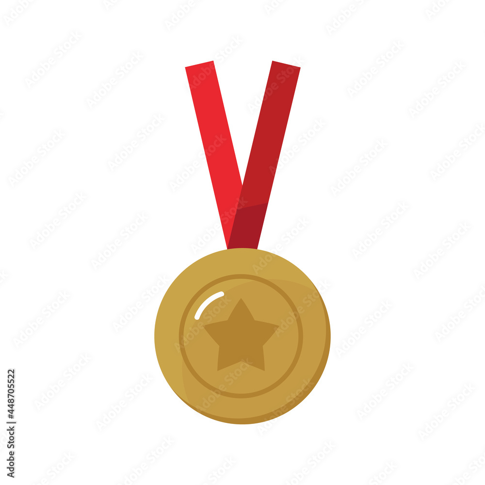 Gold medal with star symbol and red ribbon vector cartoon style icon for first place reward design.
Gold medal with star symbol and red ribbon vector cartoon style icon for first place reward design.