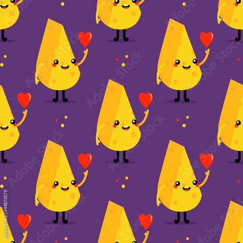 Cute smiling cartoon style cheese chunk character holding in hand red heart vector seamless pattern background.