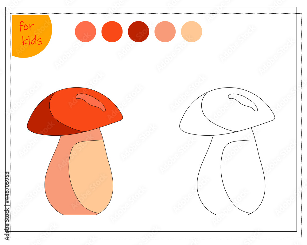 coloring book for children, color the boletus mushroom by colors. vector isolated on a white background