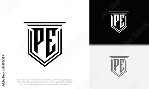 Initials PE logo design. Luxury shield letter logo design.
