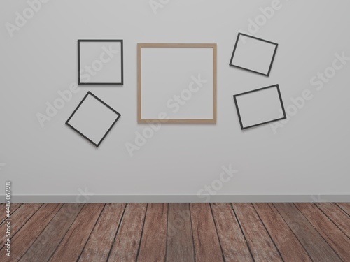 Empty room and wood floor on the white wall background, Mock up picture frame minimal interior design. 3D rendering 3D illustration © banphote