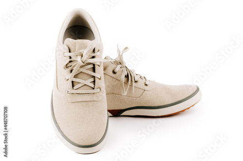 Men's shoes made of natural fabric, insulated on a white background.