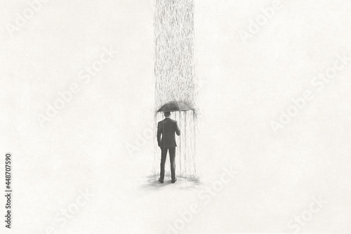 Fotografi Illustration of unlucky sad business man under rain, surreal concept