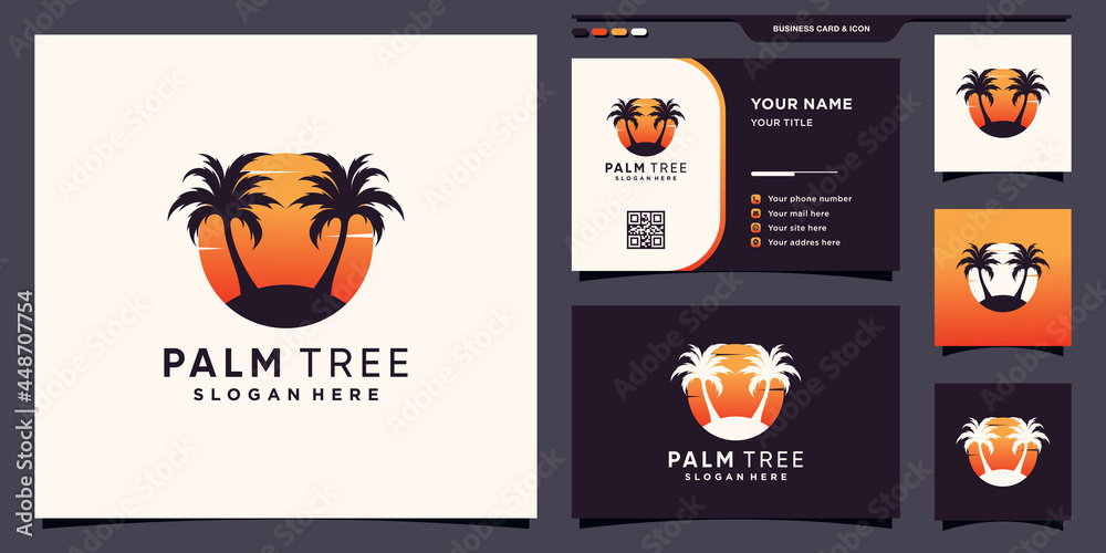 Abstract palm tree and sun logo with creative concept and business card design