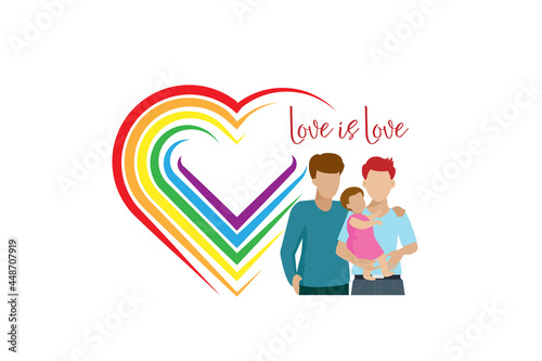 Happy gay couple holding adopted baby with love and LGBT rainbow color in heart shape. LGBTQ family, transgender parent, adopted child and pride month concept.