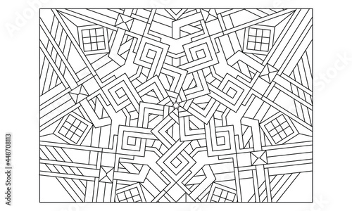 Landscape coloring pages for adults. Coloring-#227 Coloring Page of heptagonal mandala with variations in stripes and squares pattern on the background. EPS8 file.