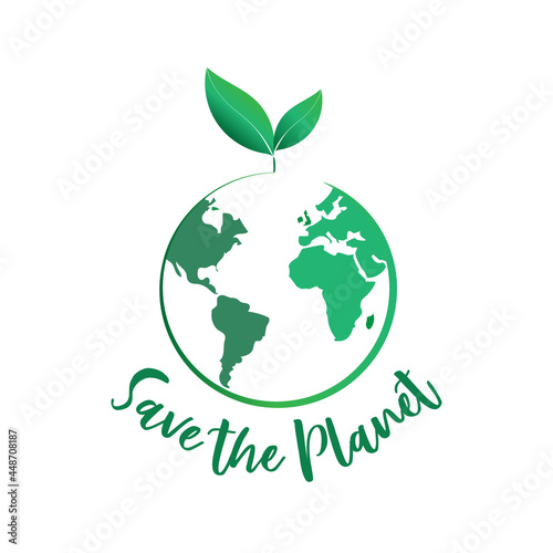 Green globe logo with growing plant and save the planet symbol. Ecology, environment, reforestation, earth day and global warming awareness concept .