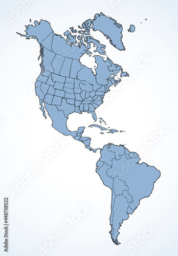 North American continent with contours of countries. Vector drawing
