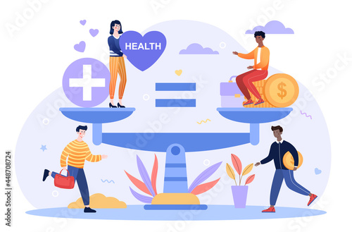 Health care and work conflict of interest, imbalance comparison. Healthy heart and tired exhausted stressed worker with stack of gold coins. Flat vector character illustration