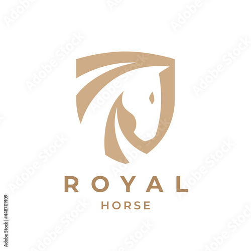 Royal horse logo emblem. Elegant stallion shield icon. Equine stables sign. Equestrian horse show symbol. Vector illustration.